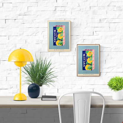 Japanese Candy Box risograph print by We Are Out of Office – vibrant pop-art style illustration of a vintage Japanese bonbon box with yellow fruit and kanji, printed with soy ink on 300g Biotop paper in the Netherlands.