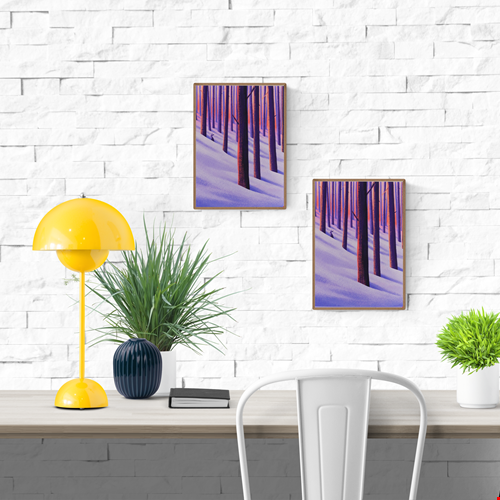 A6 Giclée print "Winter Woods" by Linde Raats, featuring a snowy forest scene with tall vertical trees in purple-orange tones and a small hare peeking from behind, printed on fine art paper.