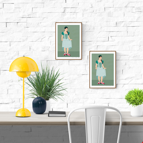 "Feet on the Ground" by Doriane Millet – minimalist illustration of a modern girl in a fairytale-style dress and red sneakers, standing confidently on a muted green background; whimsical and empowering wall art print blending classic and contemporary styles, available at Galerie Frits
