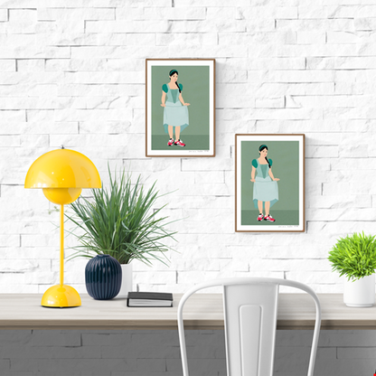 "Feet on the Ground" by Doriane Millet – minimalist illustration of a modern girl in a fairytale-style dress and red sneakers, standing confidently on a muted green background; whimsical and empowering wall art print blending classic and contemporary styles, available at Galerie Frits