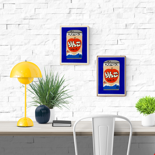 Colorful risograph print by We Are Out Of Office showing a can of Japanese apple juice with Mount Fuji in the background, printed in red, blue, and beige tones on eco-friendly paper – modern pop art wall decor for design lovers.