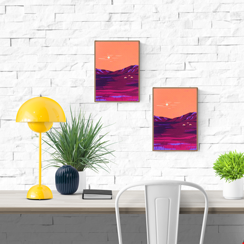 Colorful illustration of the Mongolian landscape at sunset with orange skies, purple mountains, and traditional yurts, created by Belgian illustrator Linde Raats.