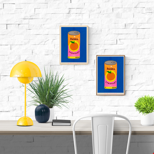 Colorful risograph print of a retro-style Paloma lemonade can with pink grapefruit label on blue background – Paloma Lemonade by We Are Out Of Office, 13 x 18 cm art print.