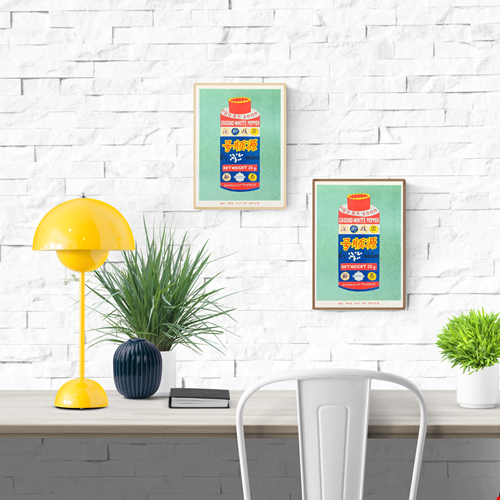 Colorful risograph art print of Thai ground white pepper packaging by We Are Out Of The Office, modern kitchen wall decor on eco-friendly 300g Biotop paper, 13x18 cm