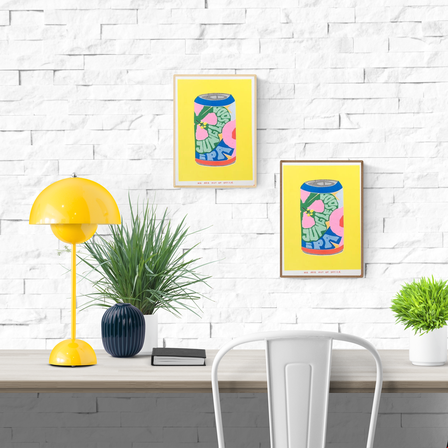 Colorful risograph print of a soda can with floral patterns and bold lettering titled “Jungle Soda IPA” by We Are Out Of Office – small-format wall art with bright yellow background, pop art style, 13 x 18 cm.