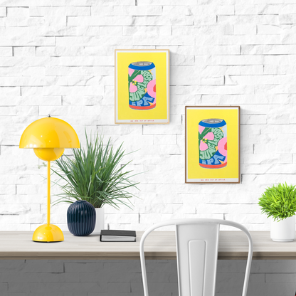 Colorful risograph print of a soda can with floral patterns and bold lettering titled “Jungle Soda IPA” by We Are Out Of Office – small-format wall art with bright yellow background, pop art style, 13 x 18 cm.
