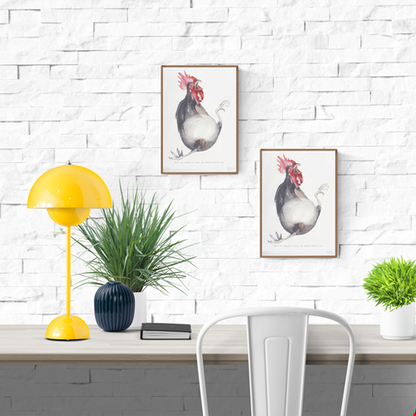 Inspirational watercolor illustration of a quirky rooster with the quote “Don’t be afraid to fail, be afraid not to try” by artist FAB – motivational wall art print with humor and charm, available at Galerie Frits