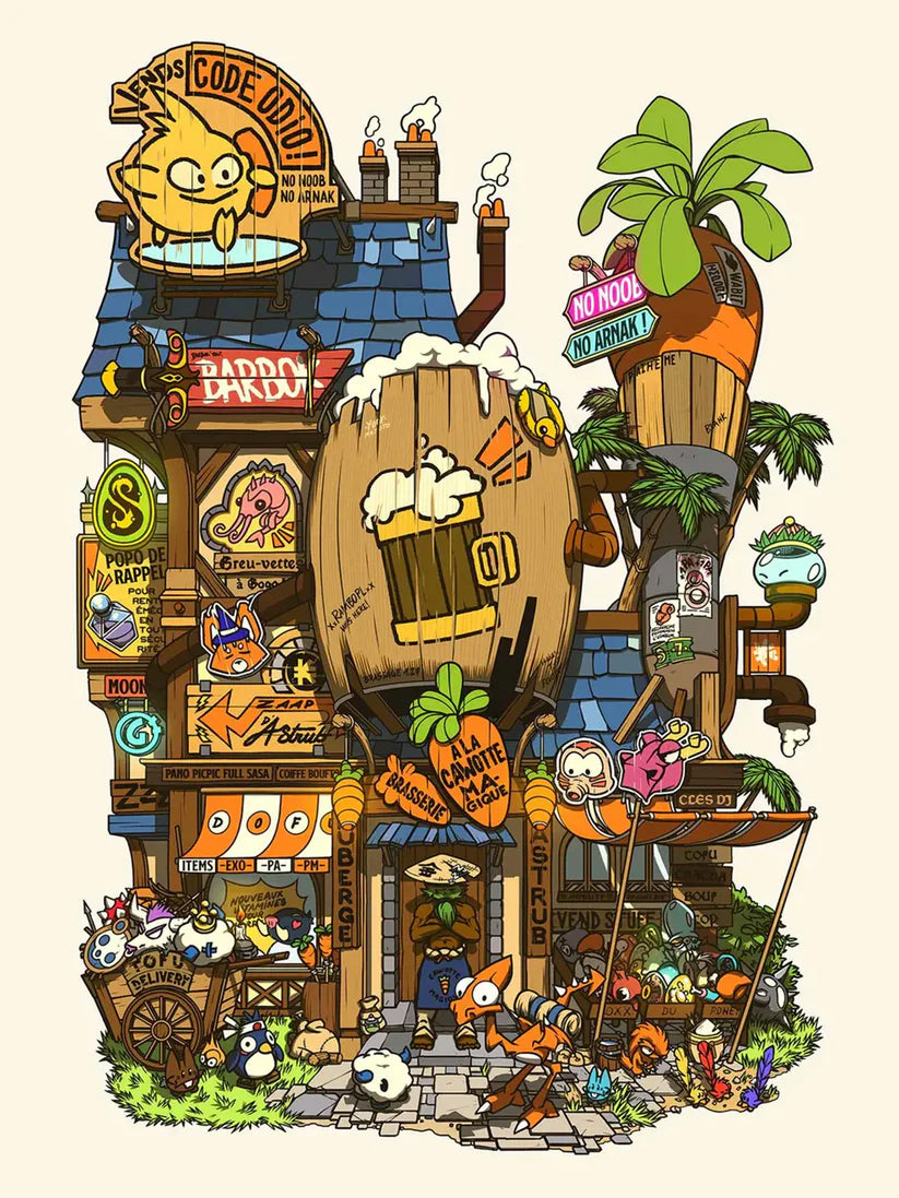 Colorful illustrated storefront scene by Paiheme Studio, featuring manga-style characters, retro Japanese signs, and fantasy creatures in a whimsical, busy urban setting. 30 x 40 cm art print on matte paper, perfect for fans of anime aesthetics and Japanese pop culture posters.