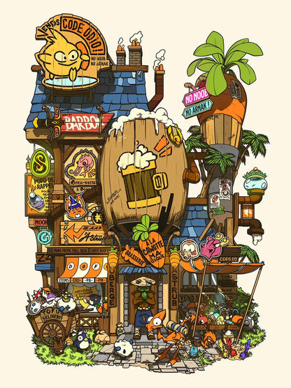 Colorful illustrated storefront scene by Paiheme Studio, featuring manga-style characters, retro Japanese signs, and fantasy creatures in a whimsical, busy urban setting. 30 x 40 cm art print on matte paper, perfect for fans of anime aesthetics and Japanese pop culture posters.