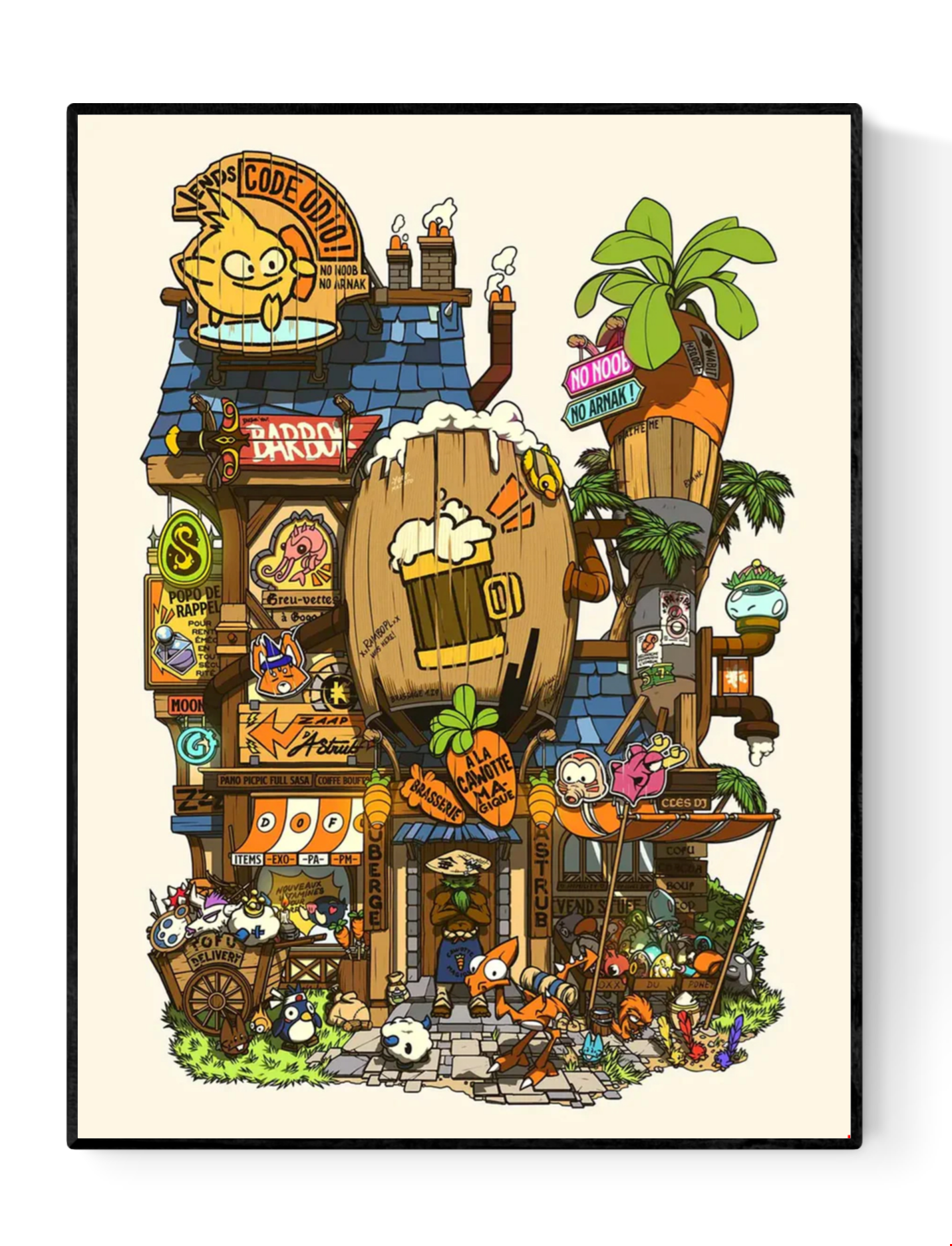 Colorful illustrated storefront scene by Paiheme Studio, featuring manga-style characters, retro Japanese signs, and fantasy creatures in a whimsical, busy urban setting. 30 x 40 cm art print on matte paper, perfect for fans of anime aesthetics and Japanese pop culture posters.