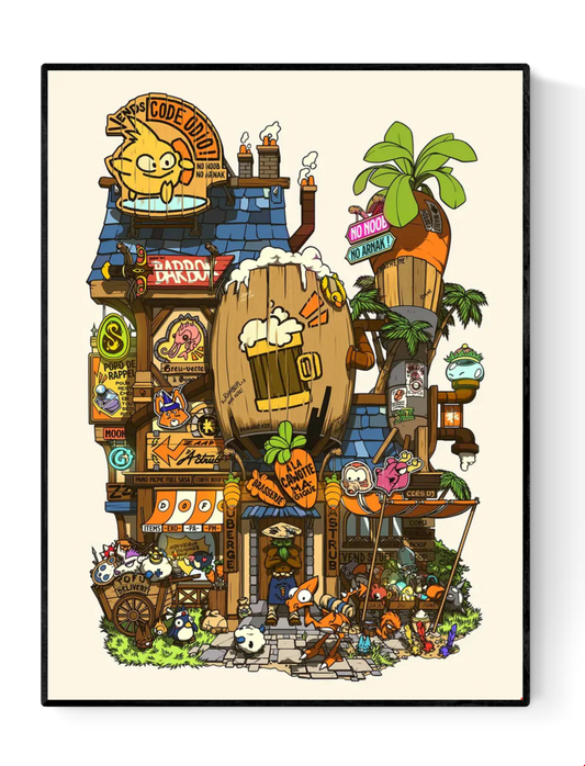 Colorful illustrated storefront scene by Paiheme Studio, featuring manga-style characters, retro Japanese signs, and fantasy creatures in a whimsical, busy urban setting. 30 x 40 cm art print on matte paper, perfect for fans of anime aesthetics and Japanese pop culture posters.