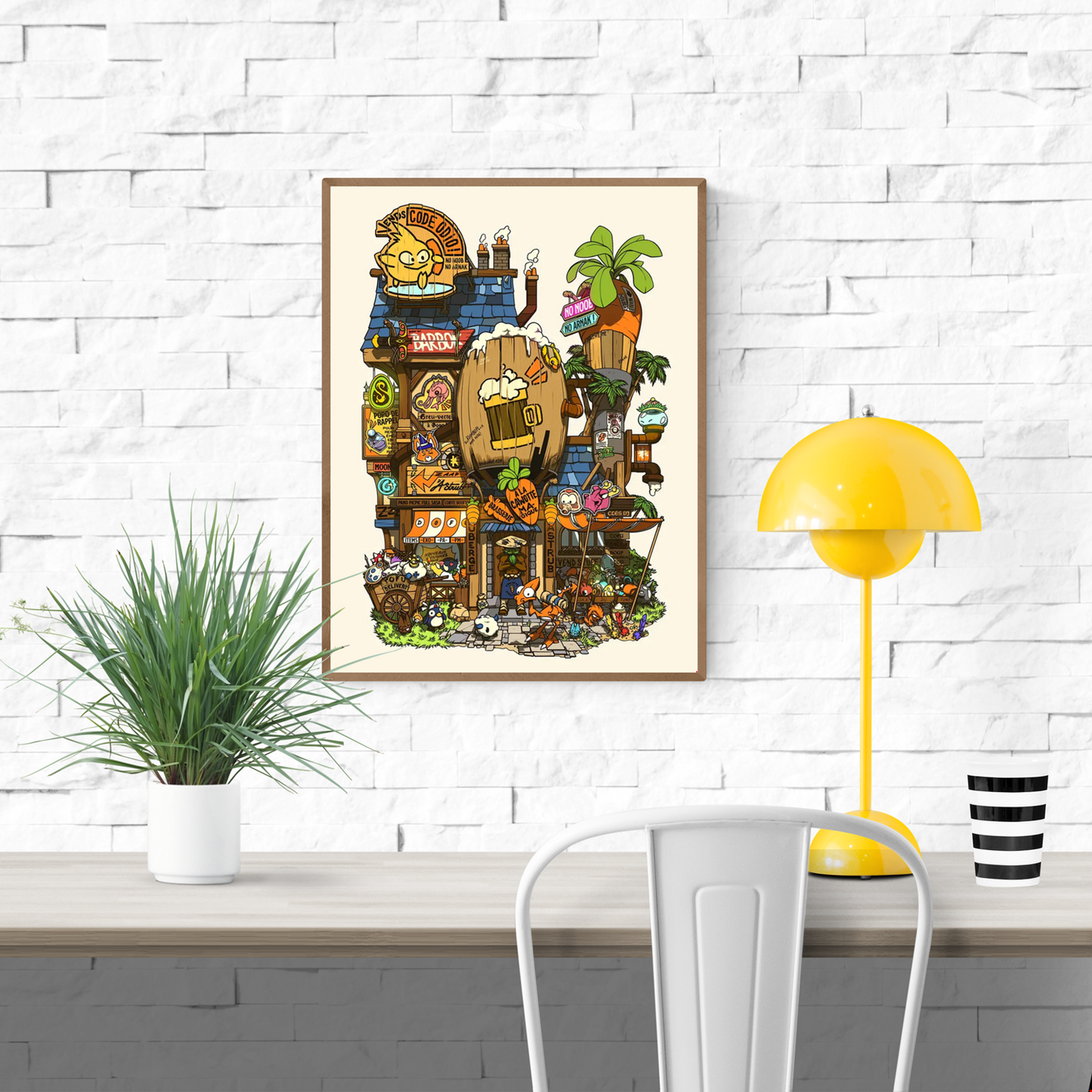 Colorful illustrated storefront scene by Paiheme Studio, featuring manga-style characters, retro Japanese signs, and fantasy creatures in a whimsical, busy urban setting. 30 x 40 cm art print on matte paper, perfect for fans of anime aesthetics and Japanese pop culture posters.