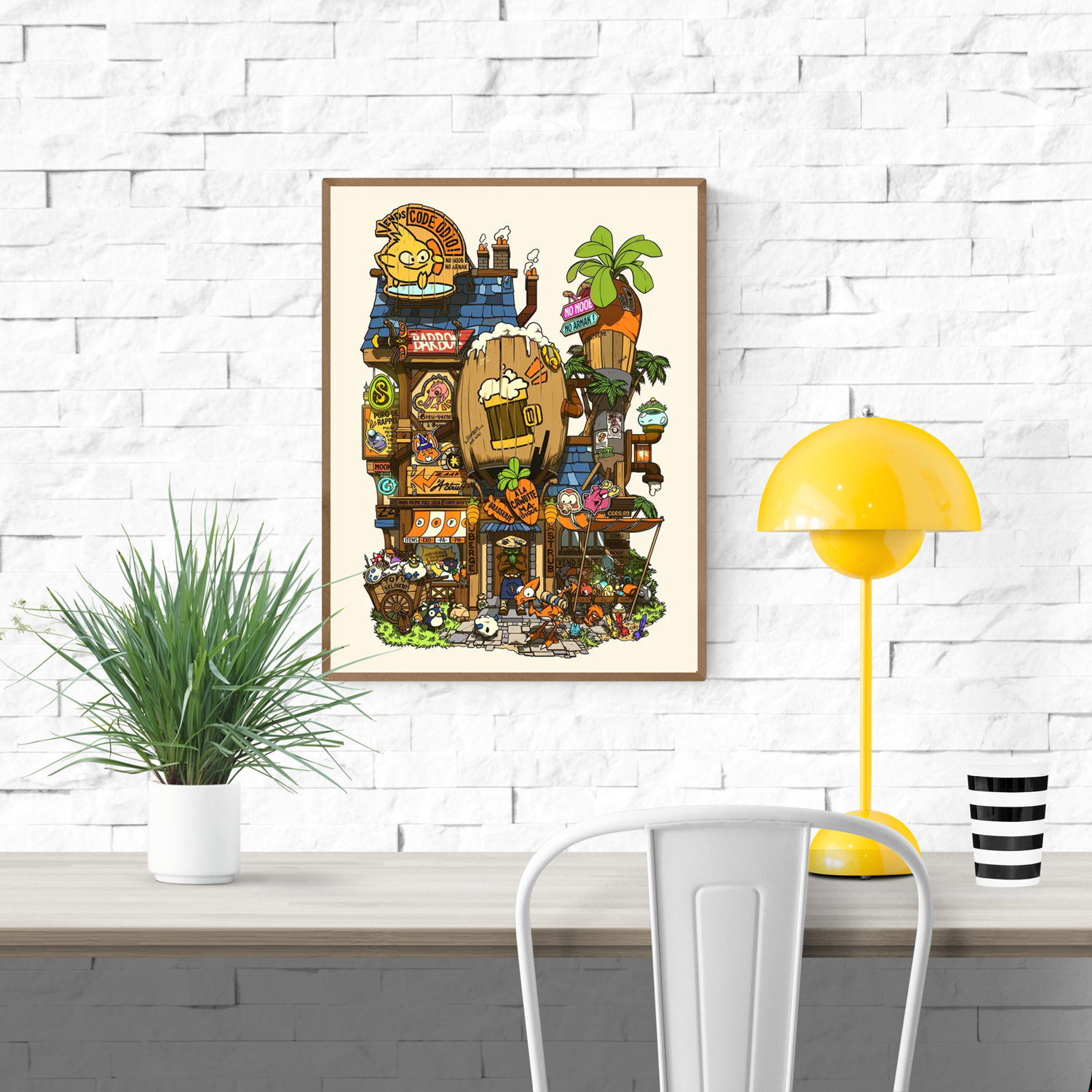Colorful illustrated storefront scene by Paiheme Studio, featuring manga-style characters, retro Japanese signs, and fantasy creatures in a whimsical, busy urban setting. 30 x 40 cm art print on matte paper, perfect for fans of anime aesthetics and Japanese pop culture posters.