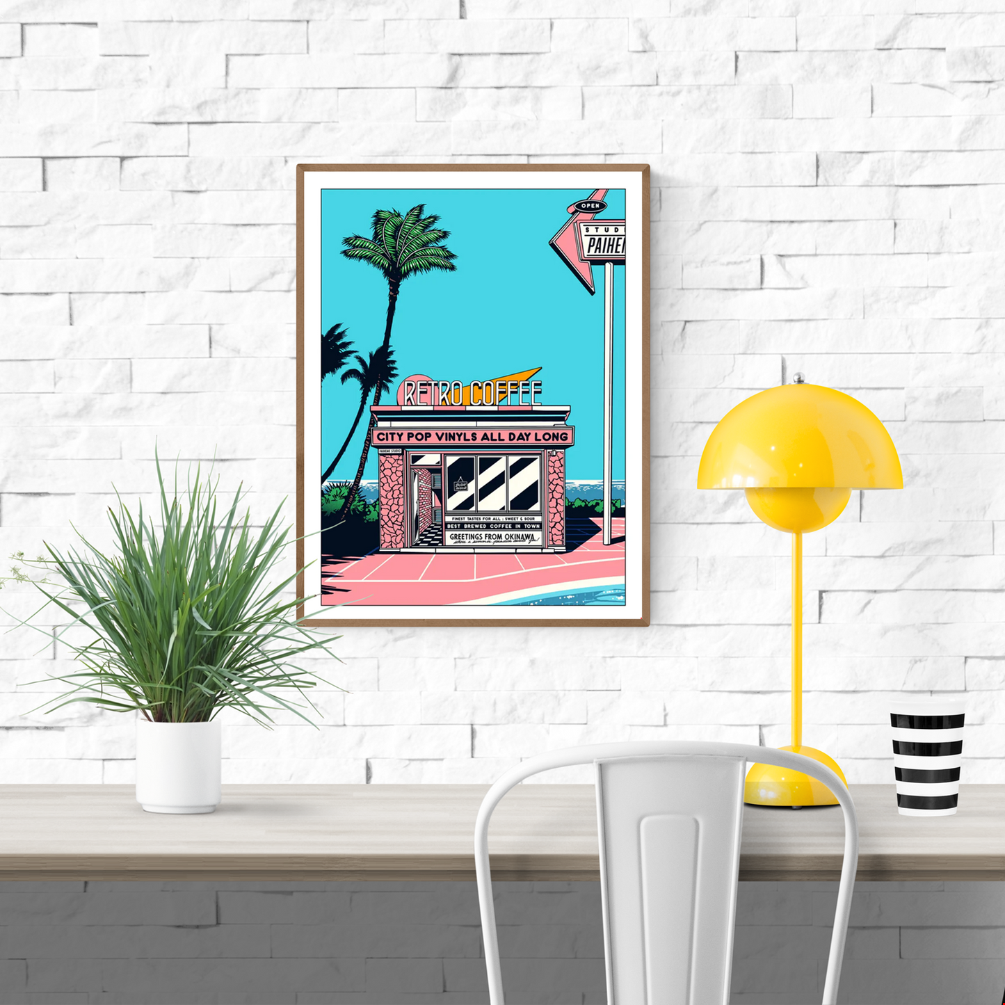 Japanese retro art print by Paiheme Studio featuring a colorful coffee shop inspired by Okinawa, palm trees, neon signs and city pop vinyls – 30x40 cm vibrant wall art made in France.
