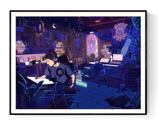 Neons Studio art print by Paiheme Studio, 30x40 cm digital illustration on 250g Inapa Tradition Blanc Naturel paper, depicting a neon-lit Japanese pop culture artist workspace in vivid purple, blue, and pink tones.