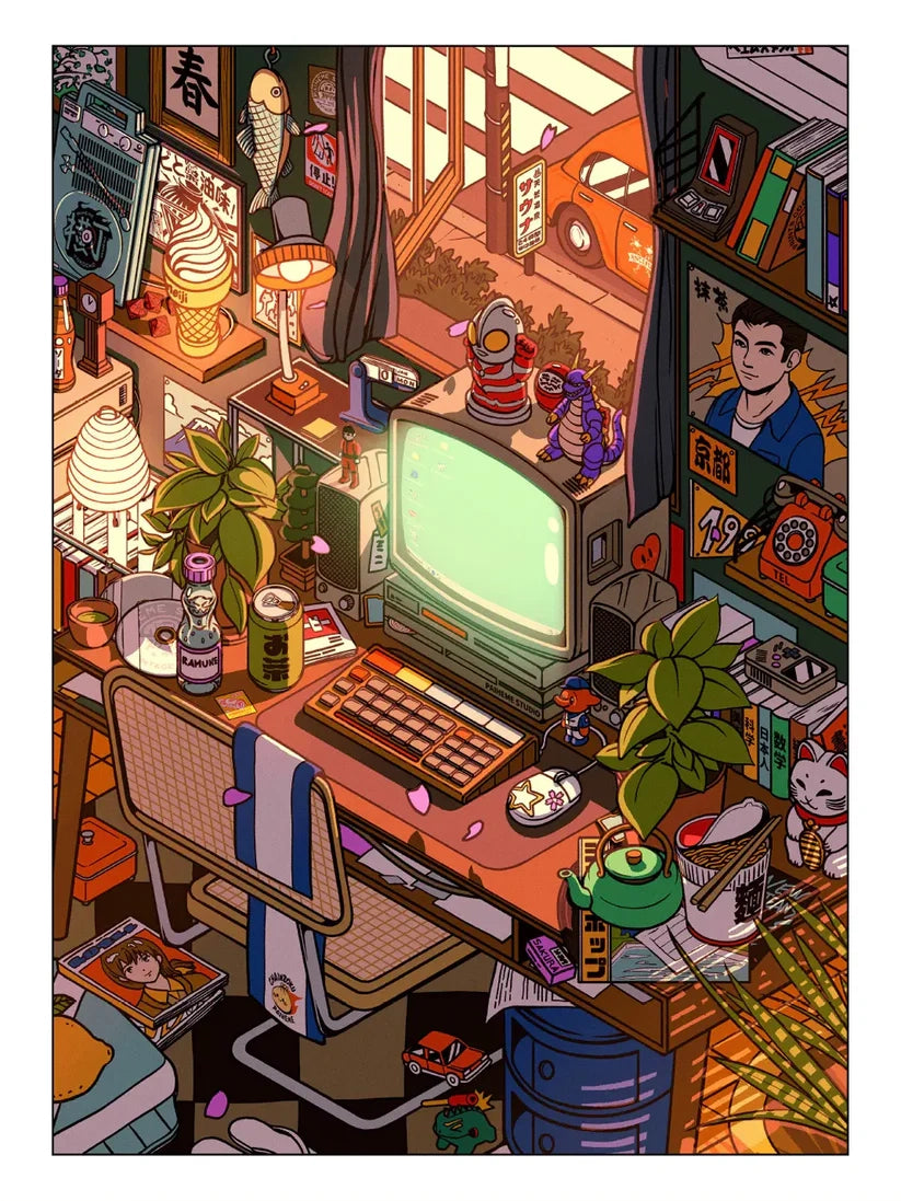 Spring Room illustration by Paiheme Studio, a vibrant 50x70 cm digital print depicting a cozy Japanese-inspired workspace with retro computer, books, plants, and collectibles, printed on 250g Inapa Tradition Blanc Naturel paper.