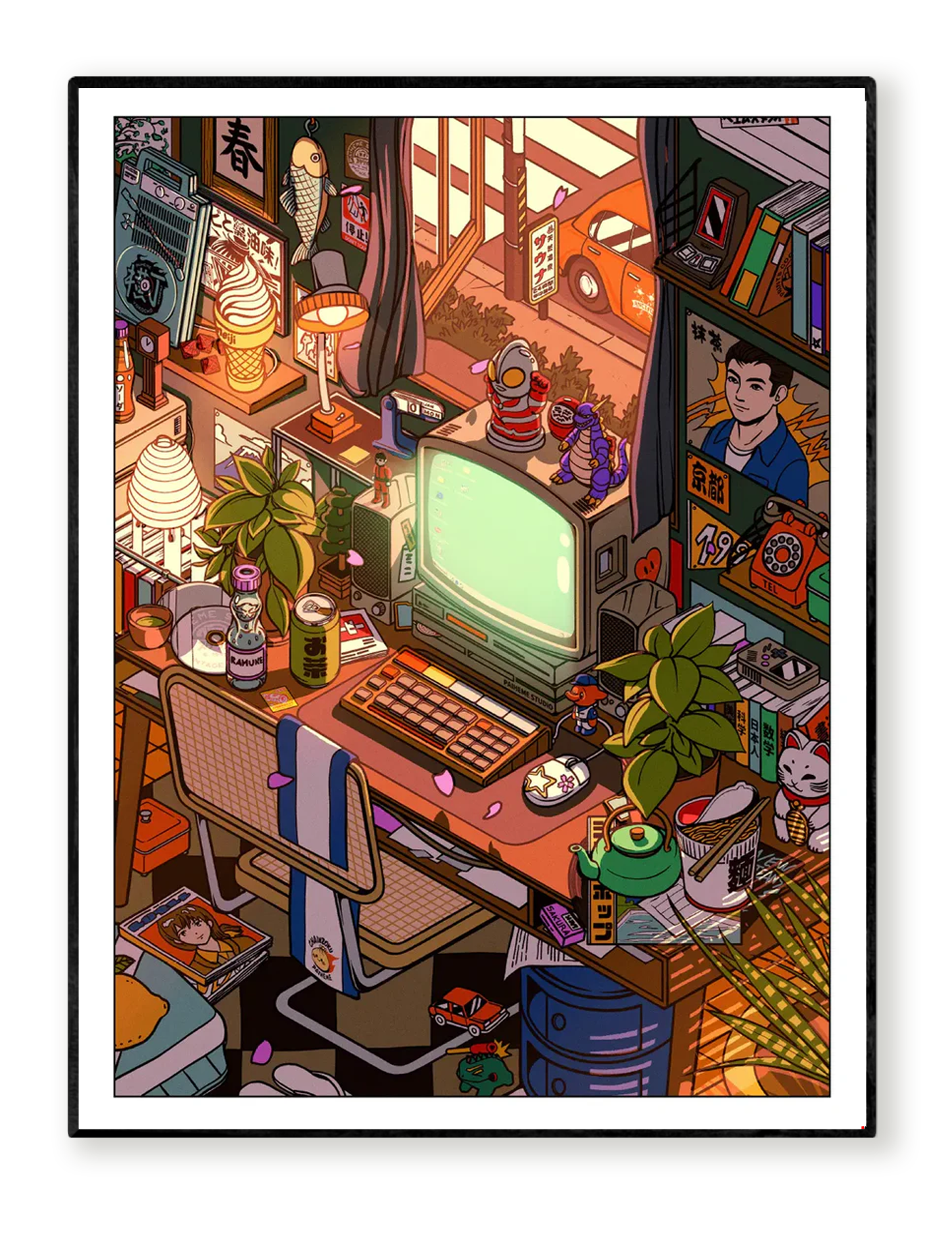 Spring Room illustration by Paiheme Studio, a vibrant 50x70 cm digital print depicting a cozy Japanese-inspired workspace with retro computer, books, plants, and collectibles, printed on 250g Inapa Tradition Blanc Naturel paper.