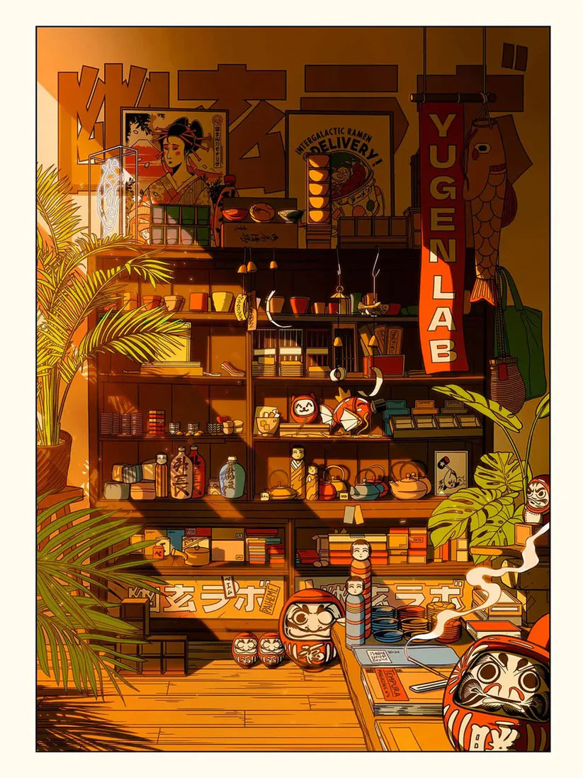 "Yugen Shop" illustration by Paiheme Studio – 30 x 40 cm art print featuring a Japanese ramen shop interior bathed in golden sunset light, with vintage posters, daruma dolls, manga-style elements and nostalgic décor. Perfect wall art for Japan lovers and design enthusiasts.