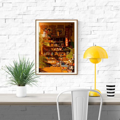 "Yugen Shop" illustration by Paiheme Studio – 30 x 40 cm art print featuring a Japanese ramen shop interior bathed in golden sunset light, with vintage posters, daruma dolls, manga-style elements and nostalgic décor. Perfect wall art for Japan lovers and design enthusiasts.