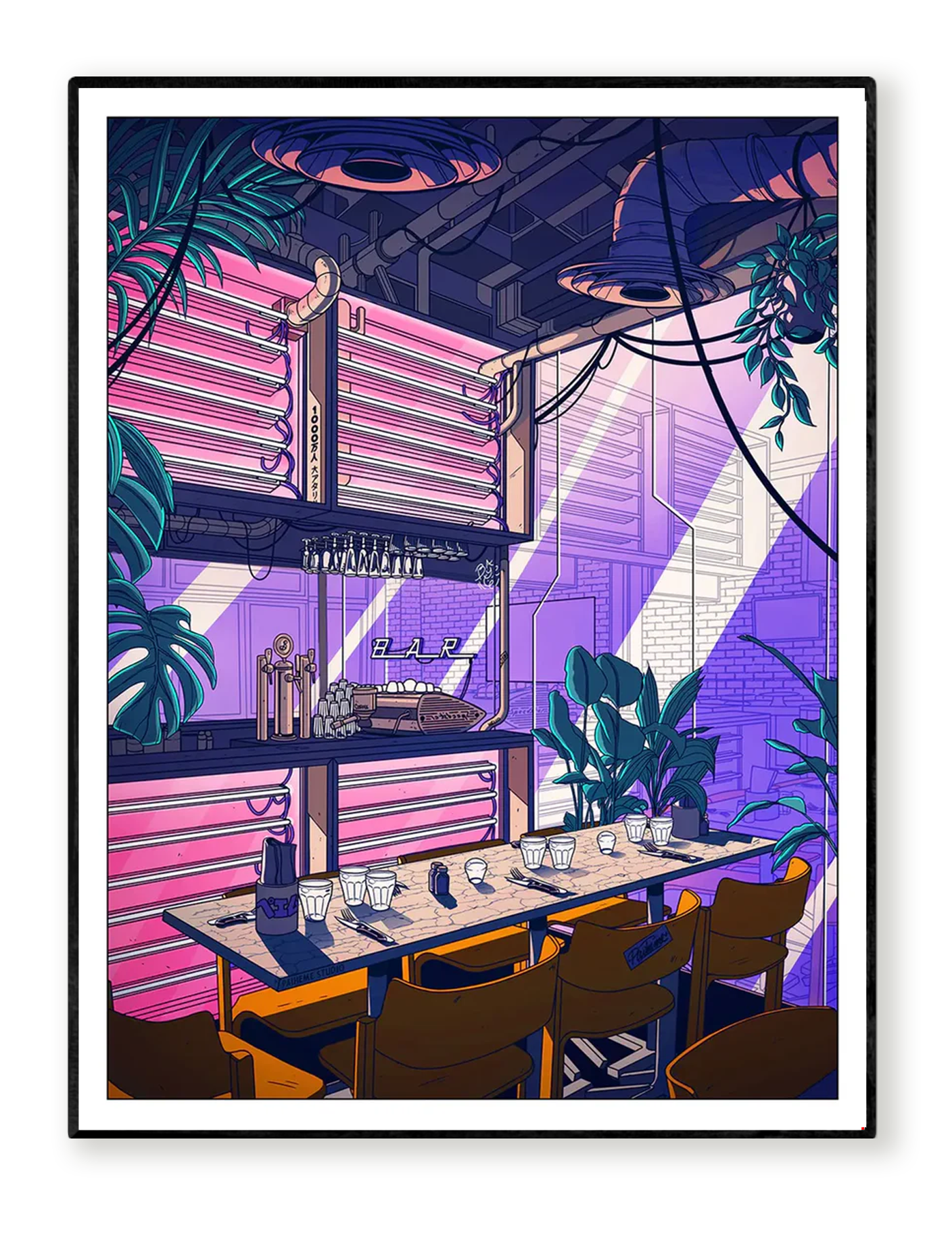 Indus Coffee art print by Paiheme Studio, retro-futuristic café interior illustration with neon pink lights, industrial pipes, and coffee bar scene, available in 30x40 cm and 50x70 cm, digital print on Inapa Tradition Blanc Naturel 250g or Classic Mat 230g paper, unframed, made in France.