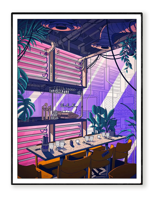 Indus Coffee art print by Paiheme Studio, retro-futuristic café interior illustration with neon pink lights, industrial pipes, and coffee bar scene, available in 30x40 cm and 50x70 cm, digital print on Inapa Tradition Blanc Naturel 250g or Classic Mat 230g paper, unframed, made in France.