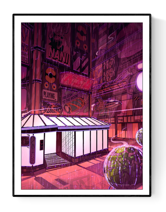 Colorful cyberpunk cityscape illustration featuring a glowing white coffee shop surrounded by futuristic neon signs, manga-style billboards, flying vehicles, and pink rain-soaked streets – Neon coffee by Paiheme Studio, 30 x 40 cm Japanese-inspired art print made in France.