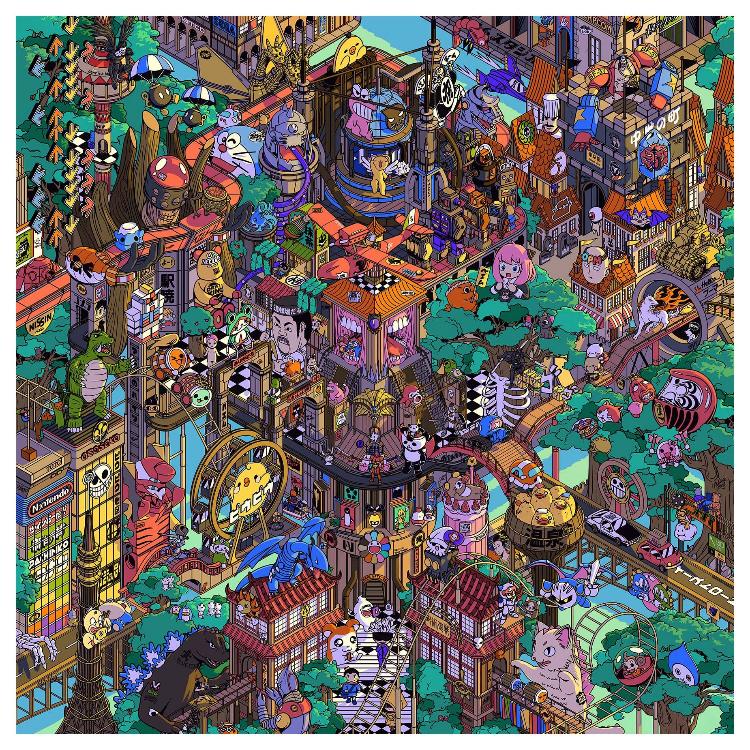 Colorful pop art illustration "Tokyo Parade" by Paiheme Studio, featuring a detailed city scene with 300 hidden Japanese cultural references including anime characters, food, and architecture, printed on 30x30 cm matte coated paper.