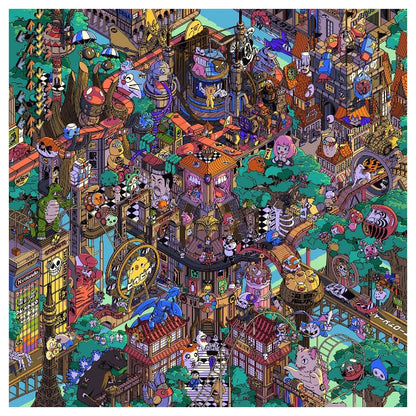 Colorful pop art illustration "Tokyo Parade" by Paiheme Studio, featuring a detailed city scene with 300 hidden Japanese cultural references including anime characters, food, and architecture, printed on 30x30 cm matte coated paper.