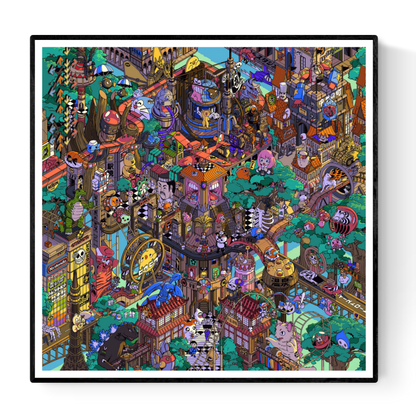 Colorful pop art illustration "Tokyo Parade" by Paiheme Studio, featuring a detailed city scene with 300 hidden Japanese cultural references including anime characters, food, and architecture, printed on 30x30 cm matte coated paper.