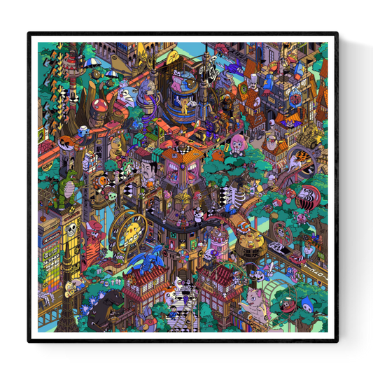 Colorful pop art illustration "Tokyo Parade" by Paiheme Studio, featuring a detailed city scene with 300 hidden Japanese cultural references including anime characters, food, and architecture, printed on 30x30 cm matte coated paper.