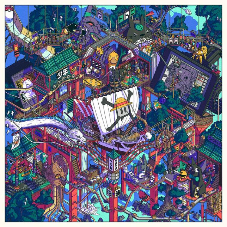 Highly detailed and vibrant illustration by Paiheme Studio titled 'Atelier Magique,' depicting a fantastical, maze-like world filled with pop culture references, Japanese architecture, anime characters, and surreal machinery. Bursting with color and intricate storytelling, this chaotic-yet-harmonious artwork invites endless exploration—perfect for fans of manga, retro futurism, and Japanese-inspired visual worlds