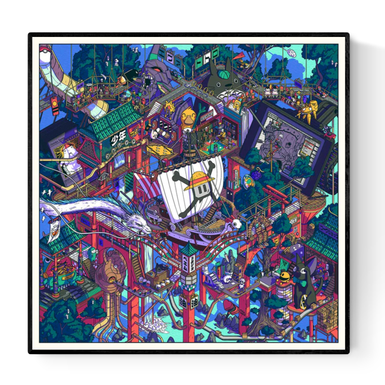 Highly detailed and vibrant illustration by Paiheme Studio titled 'Atelier Magique,' depicting a fantastical, maze-like world filled with pop culture references, Japanese architecture, anime characters, and surreal machinery. Bursting with color and intricate storytelling, this chaotic-yet-harmonious artwork invites endless exploration—perfect for fans of manga, retro futurism, and Japanese-inspired visual worlds