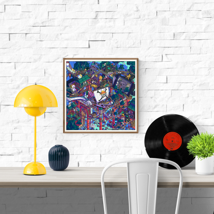 Highly detailed and vibrant illustration by Paiheme Studio titled 'Atelier Magique,' depicting a fantastical, maze-like world filled with pop culture references, Japanese architecture, anime characters, and surreal machinery. Bursting with color and intricate storytelling, this chaotic-yet-harmonious artwork invites endless exploration—perfect for fans of manga, retro futurism, and Japanese-inspired visual worlds