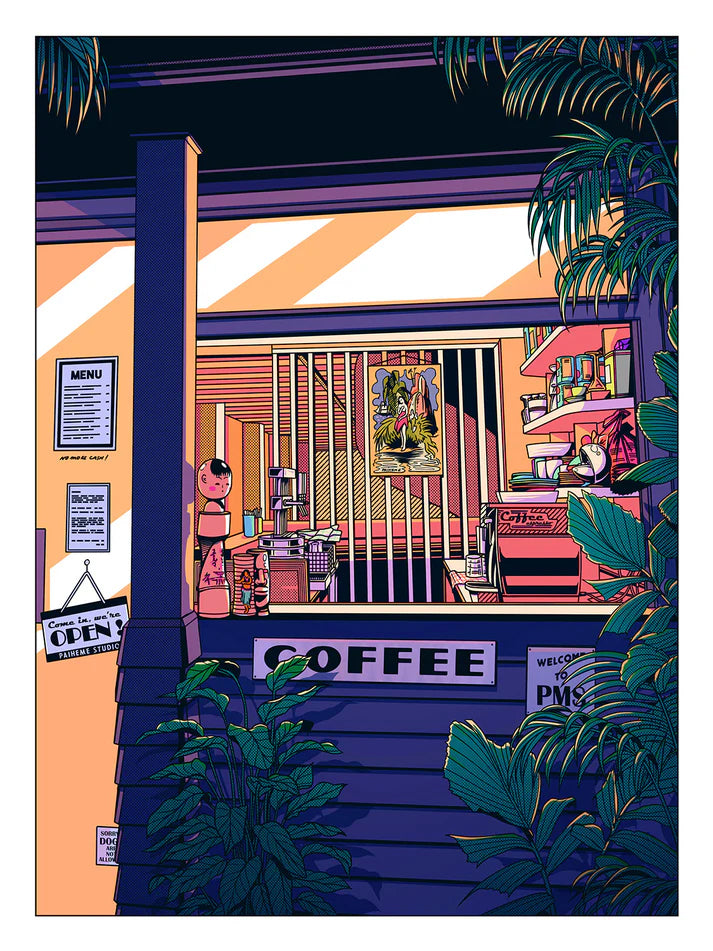 Nighttime illustration of a cozy Japanese-style coffee bar surrounded by tropical plants, glowing with neon colors and warm lighting – Night coffee by Paiheme Studio, 30 x 40 cm art print.
