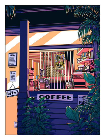 Nighttime illustration of a cozy Japanese-style coffee bar surrounded by tropical plants, glowing with neon colors and warm lighting – Night coffee by Paiheme Studio, 30 x 40 cm art print.