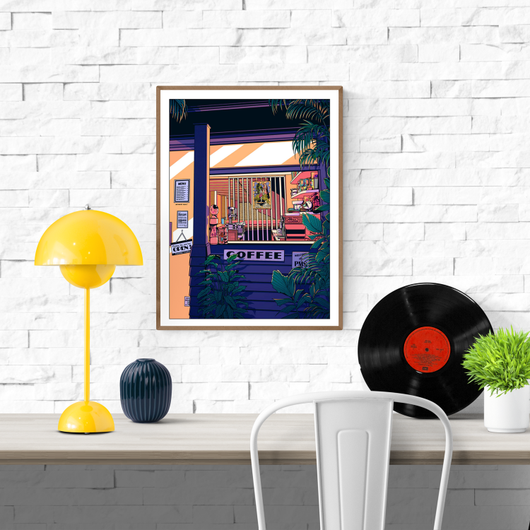Nighttime illustration of a cozy Japanese-style coffee bar surrounded by tropical plants, glowing with neon colors and warm lighting – Night coffee by Paiheme Studio, 30 x 40 cm art print.