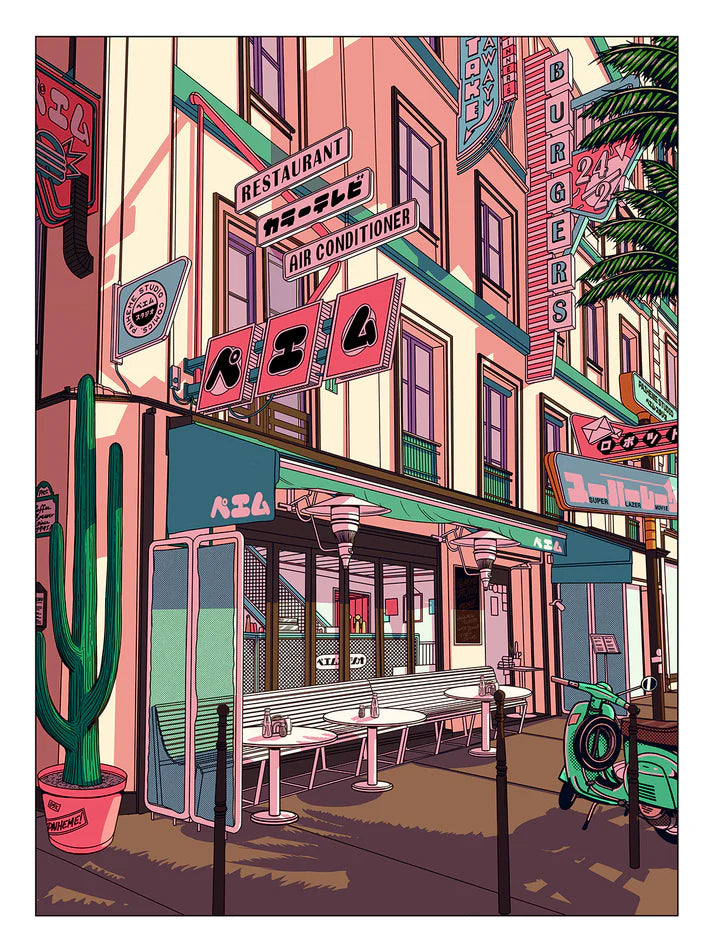 Illustration of a retro Japanese-style café scene at sunset, featuring manga-inspired signage, a pastel-colored facade, street furniture, a cactus in a pot, and a mint green scooter in front. The digital print combines nostalgic 80s vibes with Japanese pop culture, created by Paiheme Studio.
