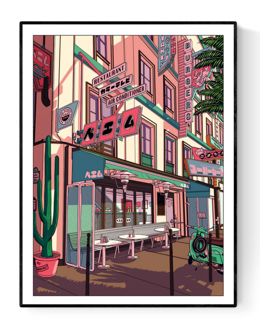 Illustration of a retro Japanese-style café scene at sunset, featuring manga-inspired signage, a pastel-colored facade, street furniture, a cactus in a pot, and a mint green scooter in front. The digital print combines nostalgic 80s vibes with Japanese pop culture, created by Paiheme Studio.