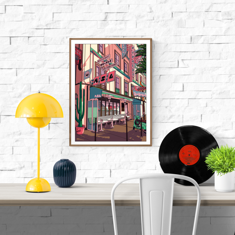 Illustration of a retro Japanese-style café scene at sunset, featuring manga-inspired signage, a pastel-colored facade, street furniture, a cactus in a pot, and a mint green scooter in front. The digital print combines nostalgic 80s vibes with Japanese pop culture, created by Paiheme Studio.