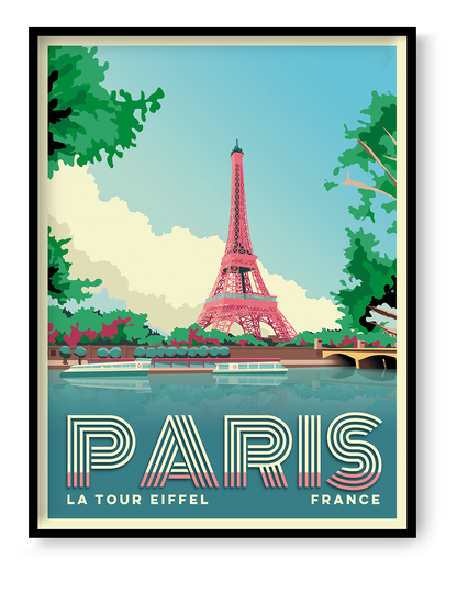 Paris Eiffel Tower travel poster by Studio Frits featuring the Seine river and iconic Paris landmark in colorful retro style wall art