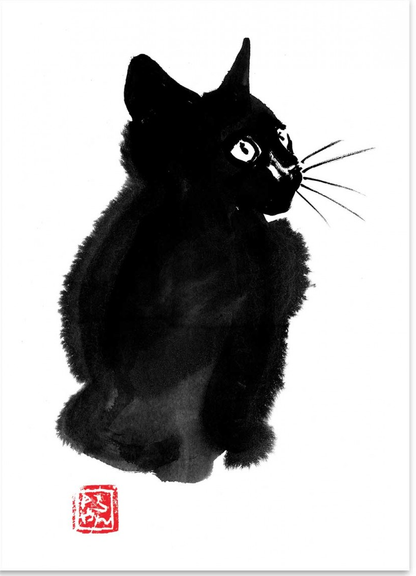Fluffy Cat by Pechane Sumie – 30x40 cm sumi-e Japanese ink art print of a black cat with expressive eyes. Minimalist animal wall art blending traditional brush painting with contemporary elegance. Perfect zen-inspired home decor on FSC-certified paper.