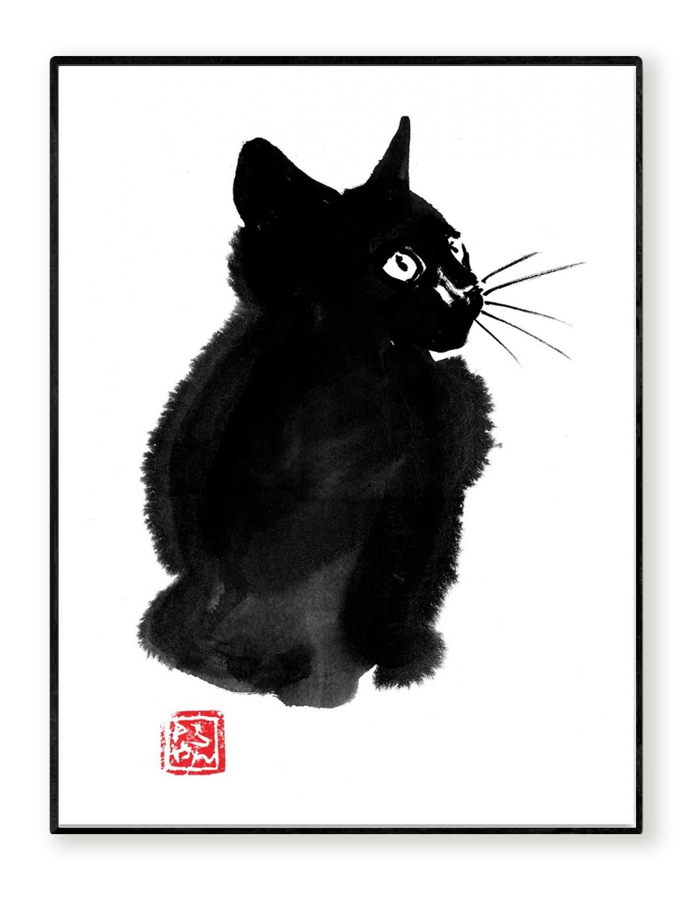 Fluffy Cat by Pechane Sumie – 30x40 cm sumi-e Japanese ink art print of a black cat with expressive eyes. Minimalist animal wall art blending traditional brush painting with contemporary elegance. Perfect zen-inspired home decor on FSC-certified paper.