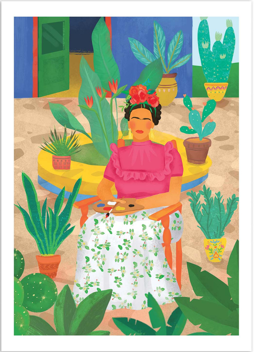 Frida by Petra Lizde – 30x40 cm colorful art print of Frida Kahlo seated in a garden with tropical plants. Vibrant Mexican-inspired wall art, botanical illustration, and bold portrait design perfect for adding creativity and warmth to interiors.