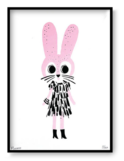 Plumo “Fancy Rabbit” A5 hand-pulled screenprint art print in soft pink, whimsical rabbit character with bold eyes and graphic dress, limited edition Belgian handmade wall art gift for nursery, kids room and design lovers.