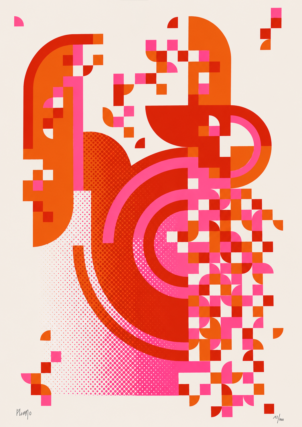 Pixel Drift 1 handmade geometric screenprint by PLUMO with bold orange, red, and pink abstract shapes, pixel-style patterns, and curved graphic elements on a soft neutral background.