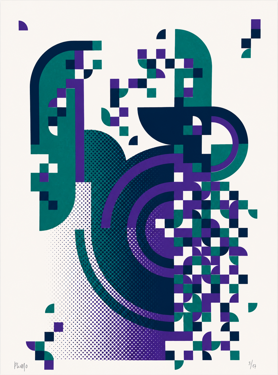 Abstract geometric handmade screenprint in teal, navy blue, and purple by PLUMO featuring pixel-inspired shapes, circular forms, and modern graphic patterns on a white background.