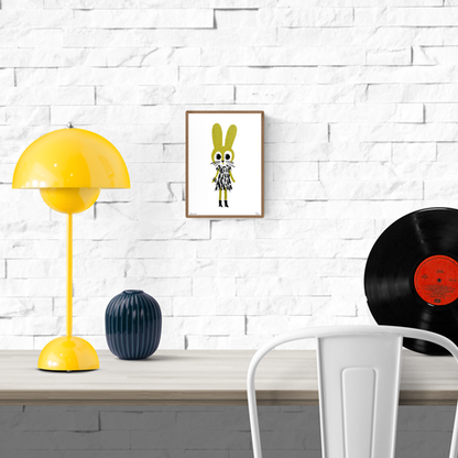 Gold Rabbit art print by Plumo – hand-printed A5 screenprint of a whimsical yellow bunny in a textured outfit, minimalist design, perfect for kids’ rooms and playful home decor