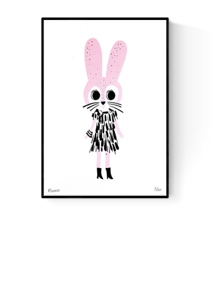 Playful handprinted screenprint of a pink rabbit with a black dress and boots, whimsical and minimal illustration by Plumo – A5 art print made in Belgium.