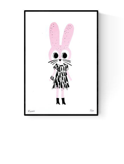 Playful handprinted screenprint of a pink rabbit with a black dress and boots, whimsical and minimal illustration by Plumo – A5 art print made in Belgium.