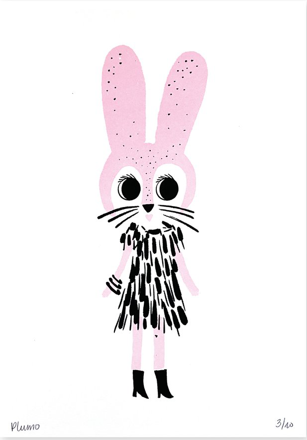Playful handprinted screenprint of a pink rabbit with a black dress and boots, whimsical and minimal illustration by Plumo – A5 art print made in Belgium.